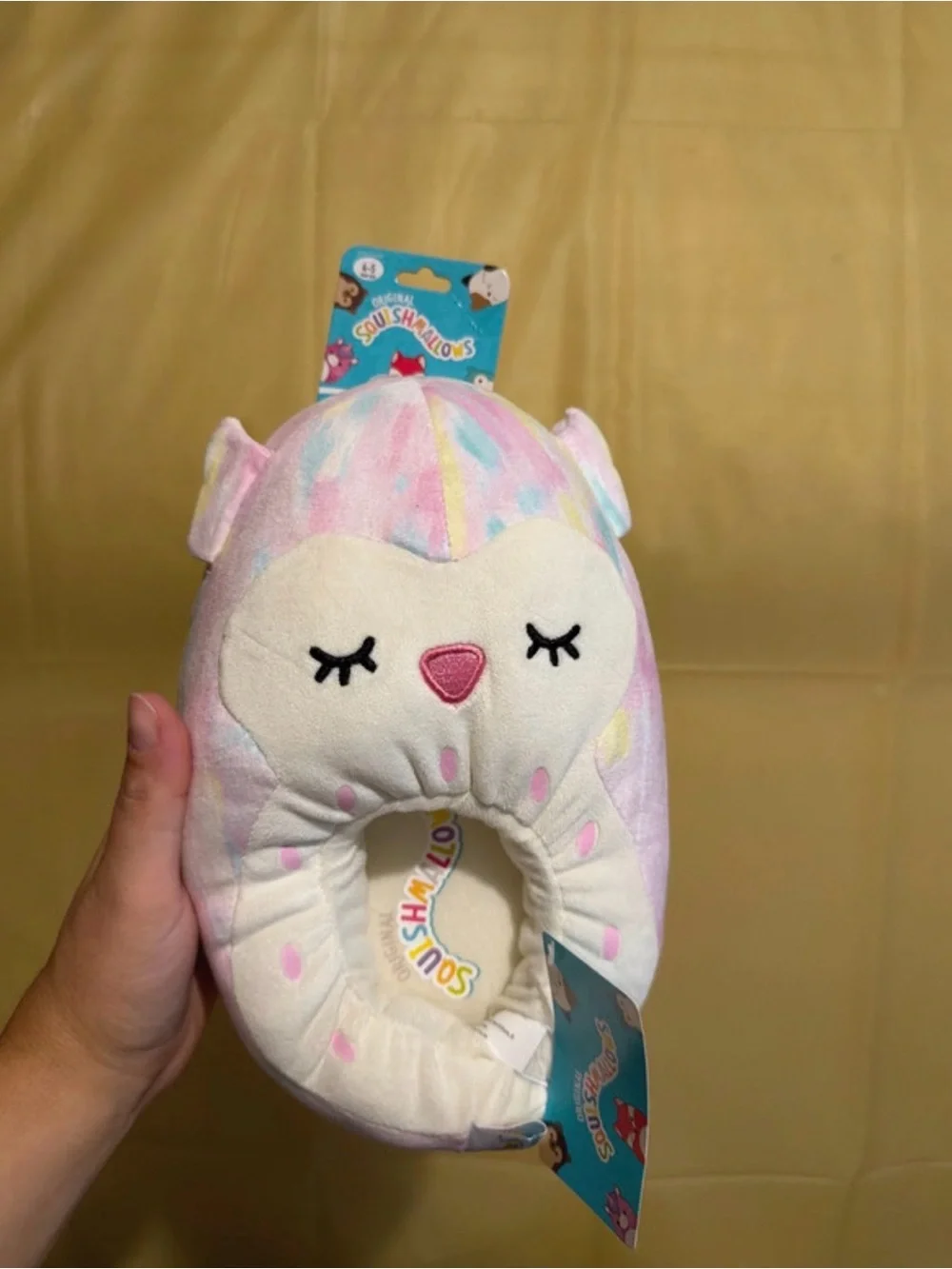 Squishmallows Pastel Pink Multicolor Sleepy Owl Plush Slippers NEW